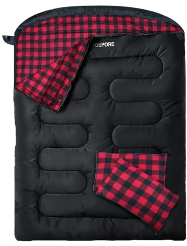 POEPORE Sac de Couchage Double en Flanelle pour Adulte Sac de Couchage 2 Personnes Hiver avec 2 Oreillers pour Camping Randonnée Voyage Extérieur Intérieur Maison 233 * 157CM Rouge