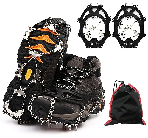 CalmGeek Steigeisen Grödel Eisspikes, Schuhkrallen Spikes für Winter, Steigeisen mit Silikon Band und 26 Edelstahl Zähne, zum Klettern auf EIS und Schnee Wandern Running Trekking Winter Outdoor (L)