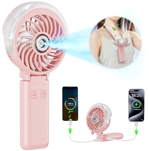 HandFan 5200mAh Handheld Misting Fan with Portable Charger, 34ml Water Tank, Rechargeable PersonalFan, Spray Water Mist Fans, Electric Mini Hand Fans for Beach Travel Outdoors