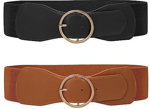 WERFORU 2 Pack Women Elastic Wide Belts for Dresses Fashion Stretchy Waist Belt with Gold O Ring Buckle Black/Brown