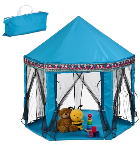 Relaxdays Spielzelt sechseckig, für Kinder, Spielhaus Indoor, HBT: 135 x 140 x 140 cm, Kinderzelt 6 Eingänge, türkis
