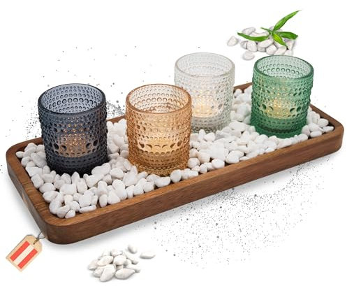 EV® Teelichthalter Set mit Tablett - Harmonische Farbkombination durch 4 Bunte Windlichter - Premium Kerzenhalter Set als stilvolle Tischdeko (Timeless Light Edition)