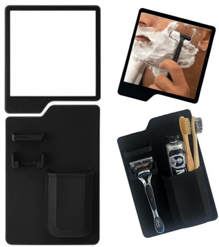 Espejo Irrompible Antivaho para Ducha con Soporte Maquinilla Y Cepillo Dientes Organizador Aseo Adhesivo Baño Sin Taladro Accesorio Minimalista Afeitado Hombre Compacto Negro Moderno
