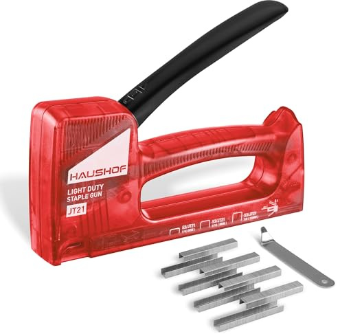 HAUSHOF Handtacker Tackerpistole, Leichter und Transparenter Holztacker für Klammern Typ 53, mit 800 Klammern und Klammerentferner, für Holz, Möbel, Polsterung, Rot
