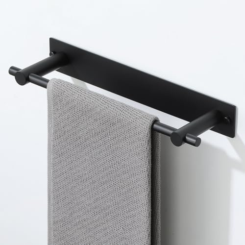 Mooche Porte Serviette sans Percage, Support Serviette Mural Longueur 30 CM, Porte-Serviettes de Salle de Bain, Autocollant/Perçage, Barre Porte Serviette en Acier lnoxydable SUS304, Noir
