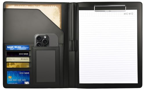 RUCUDIM Portablocco A4 con coperchio, portablocco con blocco per scrivere, raccoglitore per portablocco, cartella per conferenze di alta qualità, in pelle PU con scomparti per documenti per