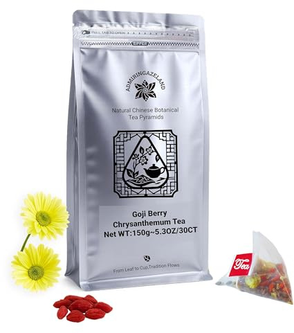 ADMIRINGAZELAND Goji Berry Chrysanthemum Tea Bags, 30 Count - Pyramid Teabags, 6 Ingredients - Dandelion Root, Wolfberry, Cassia Seed, Honeysuckle, Burdock - Chinese Herbal for Office & Home, 5.3 oz