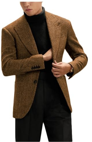 Stillluxury Chaqueta de tweed con patrón herringbone para hombre, un solo pecho, solapa caída, americana casual para negocios y bodas, M