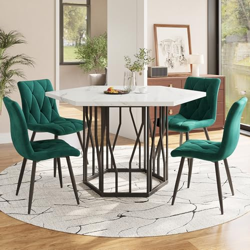 Matgrupp – Modernt set med 4 stolar, 5-delat matbordsset med sexkantigt marmorbord och sammetsstolar, eleganta matmöbler för en elegant och mysig atmosfär