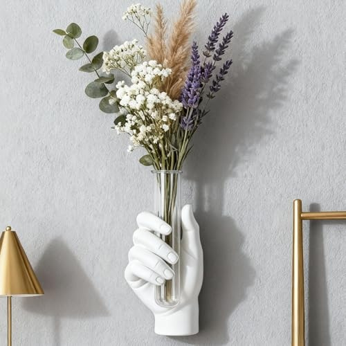 Jarrón de Pared con Forma de Mano, decoración artística Vintage, Escultura de Mano a tamaño Real con jarrón de Tubo de ensayo de Vidrio (Blanco)