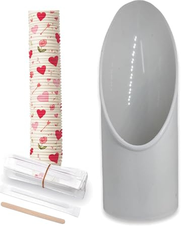 BIOVIRA Portabicchieri Bianco con 50 Bicchierini con Cuori e 50 Palette Caffè Monouso, Dispenser da Banco per Angolo Caffè, 24 x 8 cm