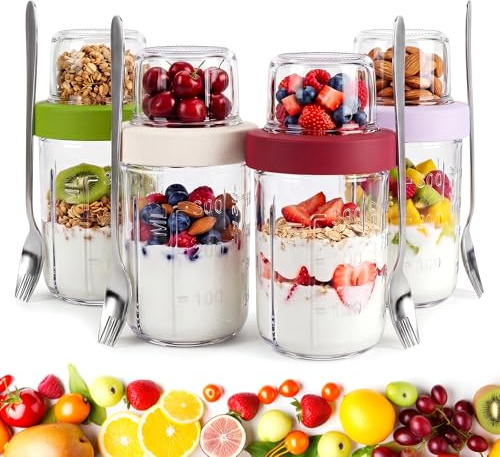 Qivra 4er Set Overnight Oats Jar 621ml, 16oz + 5oz Taza de Cereales y Yogur para Llevar con Tapa, 2 en 1 Vasos Yogurtera Reutilizado con 4pcs Cuchara para Fruta Yogur Nuez