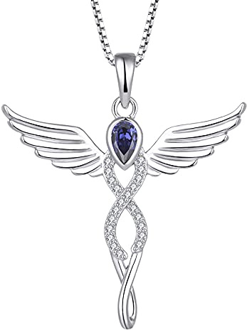 FJ Collier Femme Collier Ailes d'Ange Argent Sterling 925 Pendentif Ange Gardien Pierre de Naissance Décembre Collier Tanzanite Cubique Bijoux Cadeaux pour Femme Fille