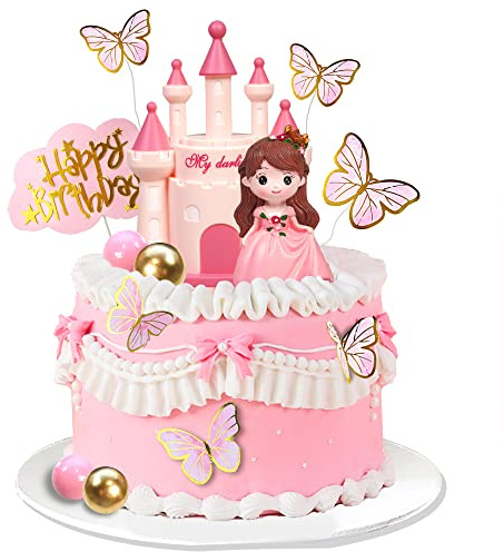 19 PCS Princess Cake Topper Castle Cake Decoration with Butterflies and Balls for Princess Birthday Supplies (Pink)