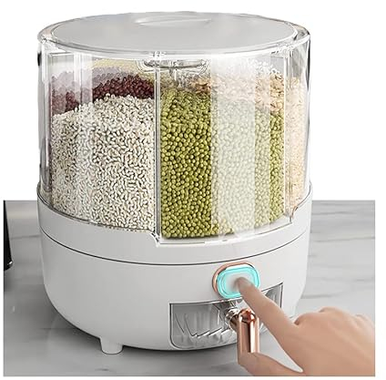 Dispenser per cereali, distributore di cereali, Rotante a 360 gradi Dispenser per cereali Contenitore per in plastica PP 6 scomparti Interni spaziosi con design trasparente (Bianco-M)