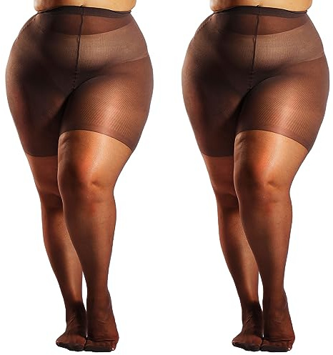 HONENNA 2 Pairs Plus Size Sheer Tights for Women, 17 Colors Ultra Thin Pantyhose Reinforced Toes High Waist Stockings, Coffee 2 Pairs 5XL-6XL