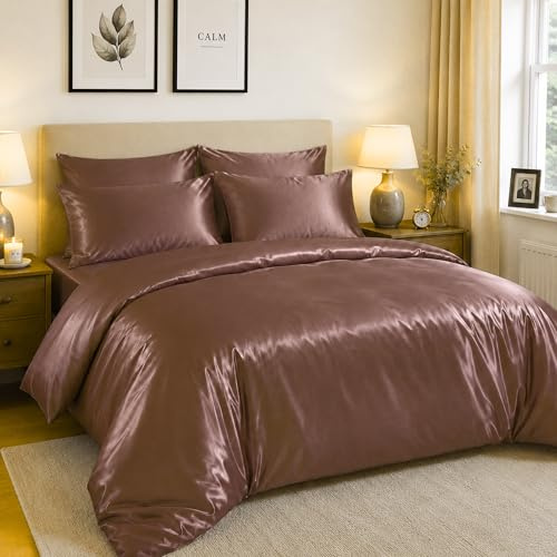 Hadi London Set completo di biancheria da letto in raso di seta, 6 pezzi, con lenzuolo con angoli profondi e setoso, copripiumino reversibile, trapunta e 4 federe, per letto singolo, matrimoniale