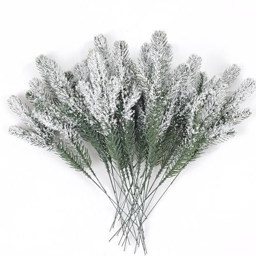 HBell 24Pcs Snowy Artificial Pine Needles Branches Twigs 24cm Fake Frosted Pine Picks Greenery Stems Christmas Tree Pick Winter Faux Fir Sprays Twig for Crafts Christmas Wreaths Season Decor