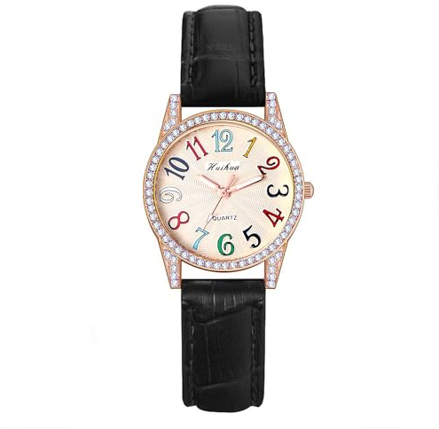 JewelryWe Uhren Damen Leder Diamant: Glitzer Strass Analog Quarz Armbanduhr Frauen Mädchen Schwarz Leder Armband Uhr mit Regenbogen Bunten großen Arabischen Zahlen Zifferblatt