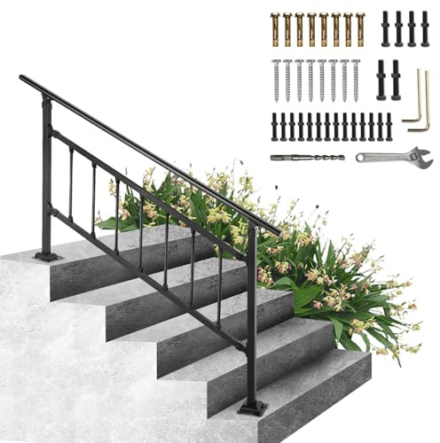 VEVOR Outdoor Stair Railing, Fits for 1-5 Steps Transitional Wrought Iron Handrail, Adjustable Exterior Stair Railing with Fence, Handrails for Concrete Steps with Installation Kit, Matte Black