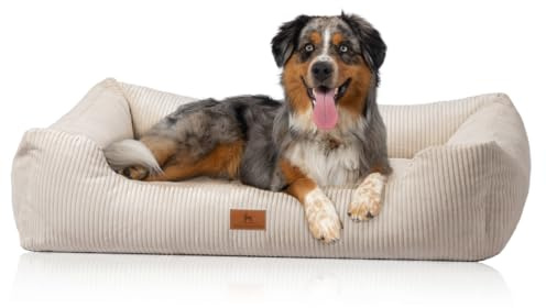 Knuffelwuff Hundebett aus Cord, mit handgewebtem Charakter, Olivia M-L, 85 x 63 cm, Beige, Abnehmbarer Bezug, waschbar, für große, mittlere und kleine Hunde