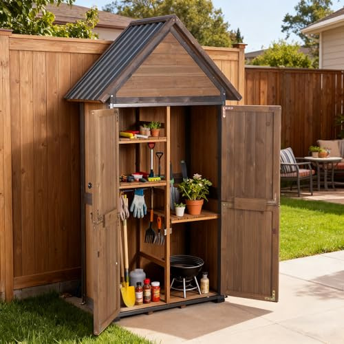 Sheds Outdoor Storage,Garden Shed with Metal Frame Structure and Adjustable Shelves,Large Capacity Storage Tool Cabinet Box for Backyard Garden Patio Lawn (Brown)