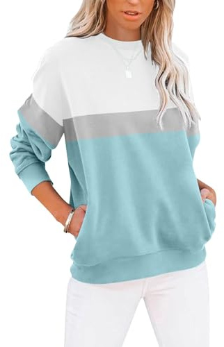 Cuptacc Sudadera Mujer sin Capucha Camiseta Mujer Cuello Redondo Manga Larga con Bolsillos T Shirt, Turquesa, M