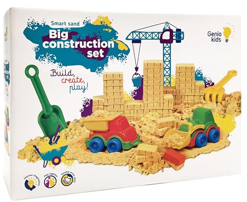 Genio Kids Magic Sand Baustellenfahrzeuge Kinder Set 1 kg Zaubersand mit Sandspielzeug Fahrzeuge, Sandkasten und Sandknete Werkzeuge, Sandspiel Knetsand für kinder ab 3, Mädchen und Jungen
