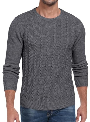 Hisir Maglioni da uomo, lavorati a maglia intrecciata, invernali, con girocollo, a maniche lunghe, pullover caldo per uomo, Grigio scuro, L