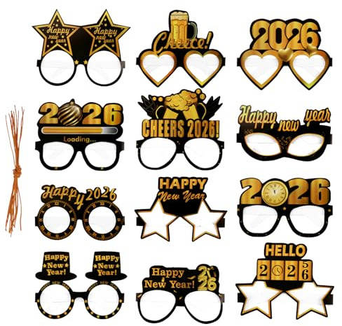 Sahunfri 12 PCS New Years Eve Glasses 2026, Silver Cardstock Party Glasses in 12 Styles, Fun NYE Photo Booth Props for Adults & Kids