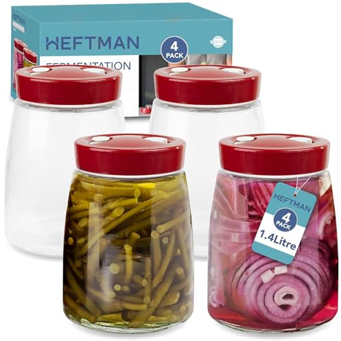 HEFTMAN Lot de 4 bocaux de fermentation avec aération 1 voie d'aération – 1,4 l pour kéfir, kimchi, choucroute (rouge)