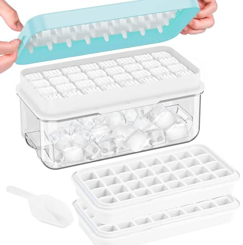 Cubitera de hielo con tapa,Molde para cubitos de hielo de 64 rejillas- Sin BPA,bandejas de hielo cuadrados fáciles de quitar en un segundo (azul, 2 niveles), azul