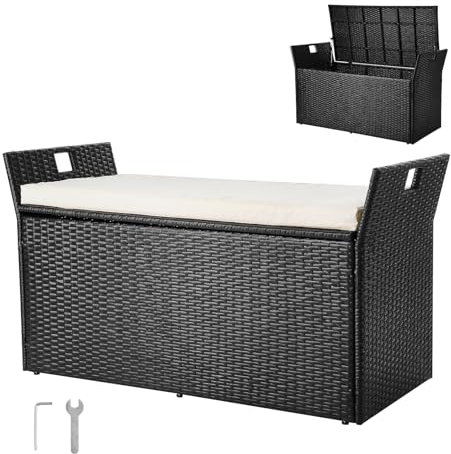 VEVOR Panca Portaoggetti da Esterno, Panca Portaoggetti in Rattan PE per 2 Persone, Contenitore con Cuscino Maniglia Laterale, Supporta max. 362 kg, Seduta da Giardino Decorazione per Balcone