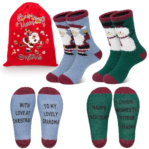 Softcozy 2 par fluffiga julstrumpor nyhet sängstrumpor varma termiska toffel sovstrumpor med halkskydd julklappar för familj, en storlek, Julmormor, one size