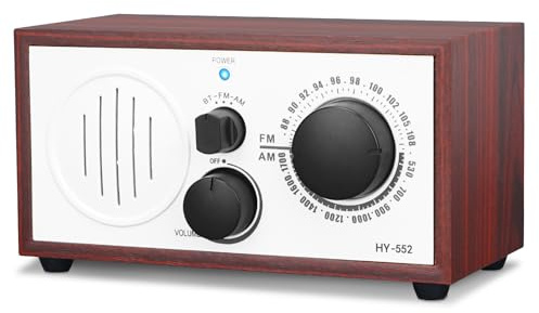 ONGTEED Vintage Wood AM FM Bluetooth Speaker Radio Plug in Wall, Elegant and Retro Design, Old Fashion Radio Bluetooth Speaker with Aux in, Headphone Jack for Home, Office, Kitchen, Gift