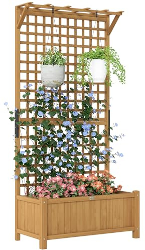 Outsunny Letto per Orto Rialzato da Esterno con Traliccio e Barra Superiore, Fioriera da Esterno con Fori di Drenaggio in Legno di Abete, per Fiori e Verdure, per Giardino e Balcone, Giallo