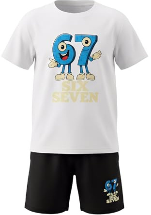 DINSAGE Ensemble 67 pour enfants (garçons et filles) - Tenue amusante inspirée du mème « 67 / Six Seven » : T-shirt + short - Ensemble d'été confortable