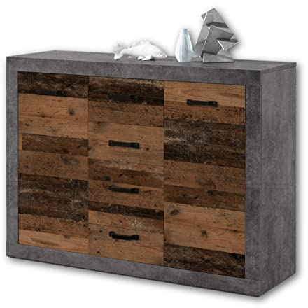 Stella Trading INDIANA Vintage Sideboard in Old Wood Optik, Betonoxid - rustikale Retro Kommode mit viel Stauraum für Ihren Wohnbereich - 117 x 90 x 37 cm (B/H/T)