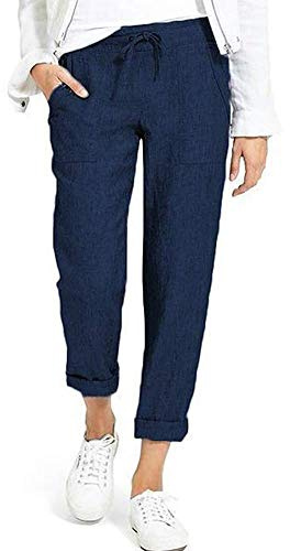 Onsoyours Pantalon Carreaux Femme Pantalon Carotte Ample Pantacourt Pants Taille Haute Casual avec Nœud Et Cordon D Bleu Foncé Medium