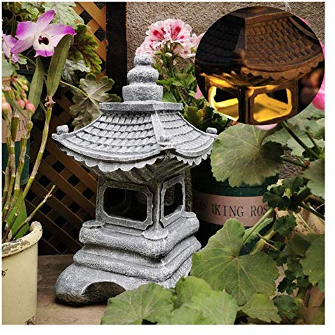 Uziqueif LED Outdoor Japanische Pagode Laterne Garten Ornament Laterne, Solar Pagode Laterne, Japanische Stil Laterne Solar Gartenlampe Solar Pagode Licht, Grau