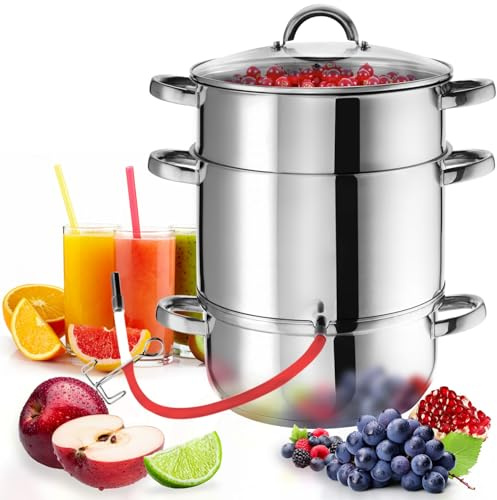 tectake® Saftmaja Rostfri, Saftkokare, Rostfritt Stål, Glaslock Med Knopp, Upp Till 4 Kilo Frukt, Avloppslang i Hygieniskt Silikon, Spärrklämma, För Glaskeramikhäll, Induktionsspis, Gasspis, Elspis