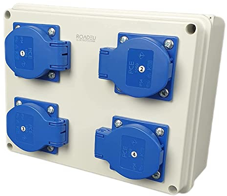 RoadEu - Quadro Elettrico di Distribuzione 16A - Distributore a parete 4 prese Schuko 230V 16A - Distributore di corrente da cantiere 16A - presa a muro per uso interno ed esterno IP54