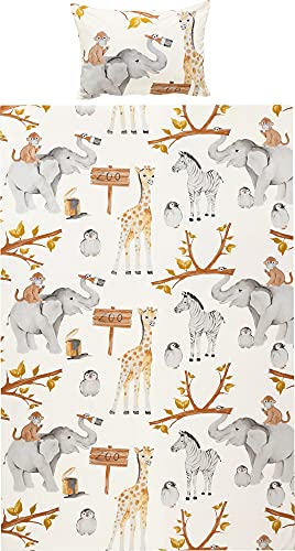 Erwin Müller Kinder-Bettwäsche, Bettgarnitur Zoo-Tiere Renforcé - temperaturausgleichend, strapazierfähig, mit praktischem Reißverschluss - Zoo-Tiere Größe 100x135 cm (40x60 cm)