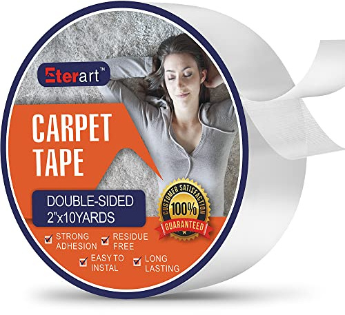 ETERART Heavy Duty Double Sided Carpet Tape - Fiberglass Reinforced, Residue-Free Rug Tape for Hardwood Floors & Tile - Hand Tearable, Anti-Slip Safety for Kids & Pets (2 x 10 Yards, White)