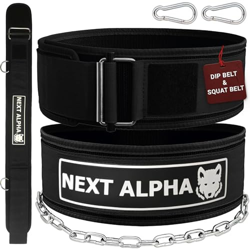Next Alpha Tyngdlyftarbälte & Dip Belt Kombination - Anpassat Tyngdlyftbälte för Män och Kvinnor - Självlåsande och Snabbfrigörande Bälte - Med Kedja