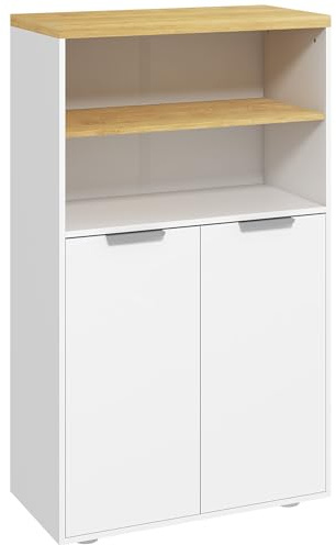 kleankin Meuble de Rangement pour Salle de Bain avec 2 Portes et 2 Compartiments Ouverts dim. 60L x 30l x 102H cm, Blanc et Naturel