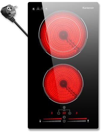 Karienvir Glaskeramikkochfeld 2 Platten, Kochfelder Einbau mit Stecker, Schieberegler, Sicherheitssperre, 1-99Min Timer, erweiterte Zone, für Alle Töpfe, 30cm 3200W, 220-240V