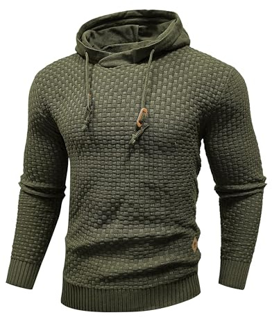 HYPESTFIT Stickade huvtröjor för män pullover långärmad solid våffeltröja, Armégrönt, L