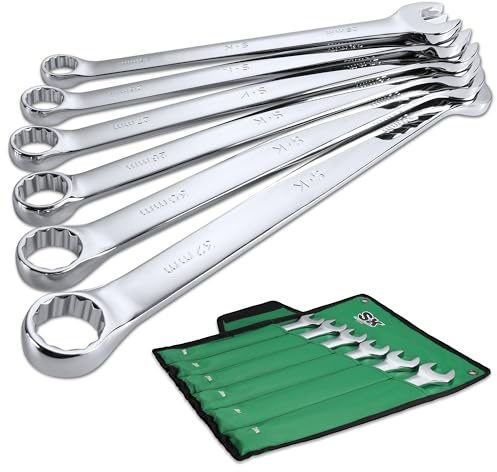 SK Long Pattern Combination Wrench Set, Metric 25 to 32mm, 6-Piece, SuperKrome Finish, Premium CR-V Construction, with Rolling Pouch