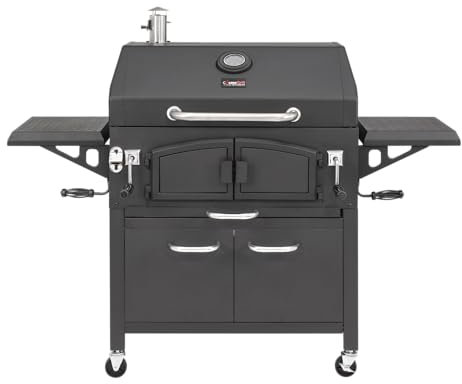 CosmoGrill NEW Ignis Premium Smoker Barbecue Charcoal BBQ Grill, Large Dual Cooking Area, Cast Iron, Side Table Warming Rack, Portable, Adjustable Charcoal Tray Air Vents Built-in Thermometer